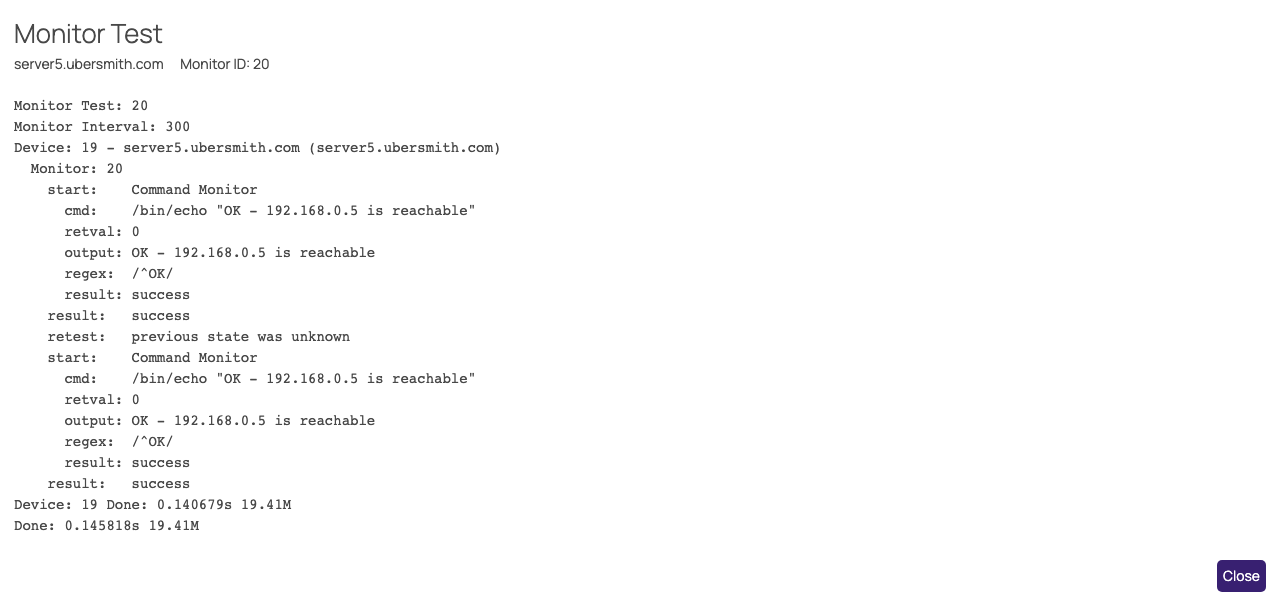 The Monitor Test popup, with a command that passes the regex check