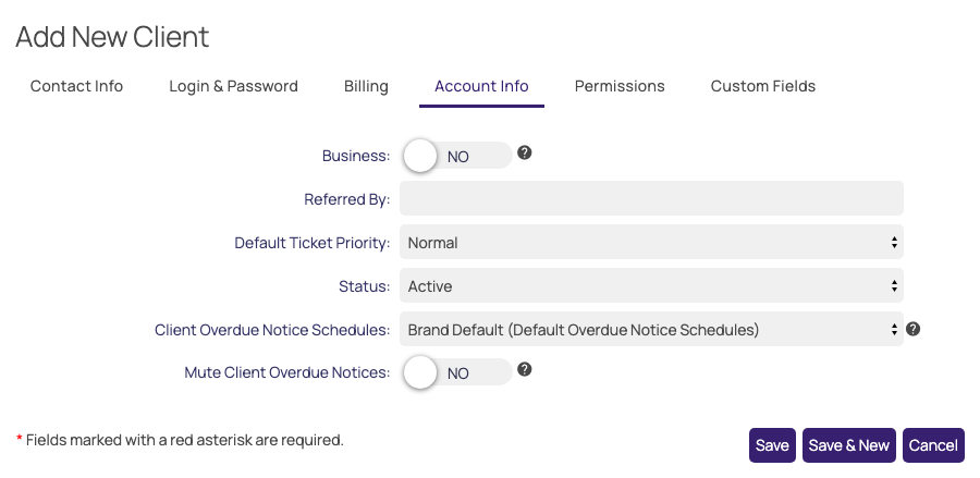 The Account Info tab of the Add New Client window