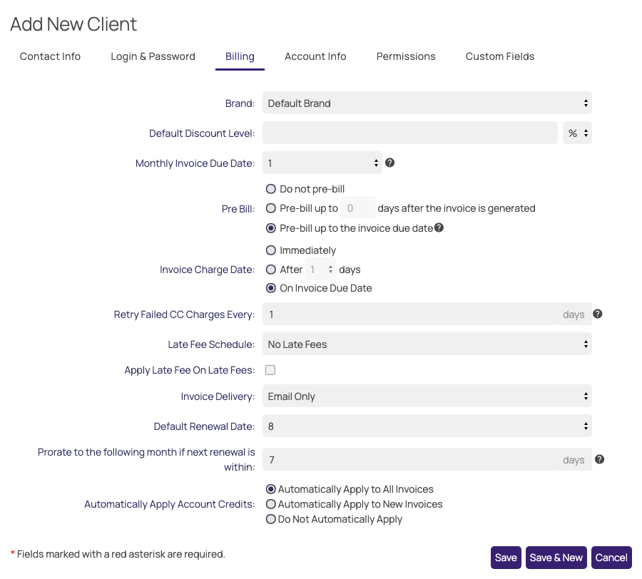 The Billing tab of the Add New Client window