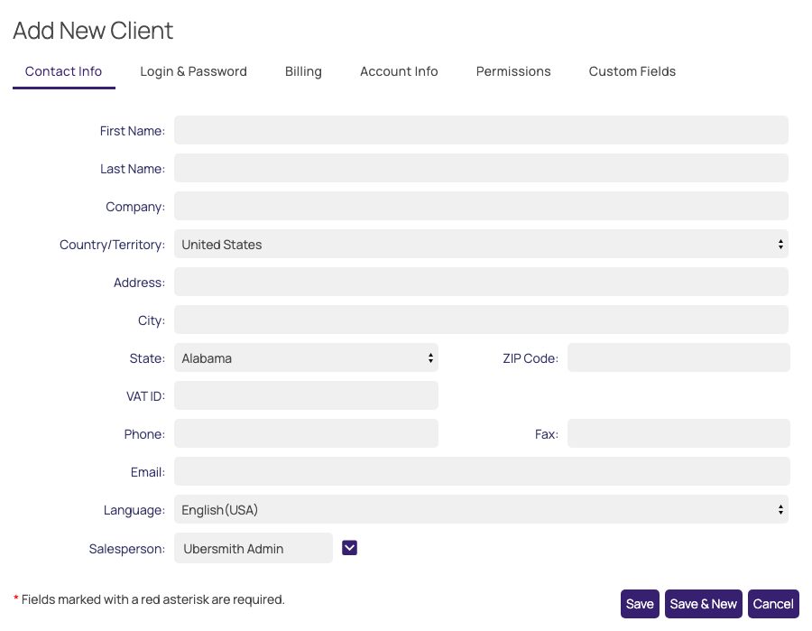 The Contact Info tab of the Add New Client window