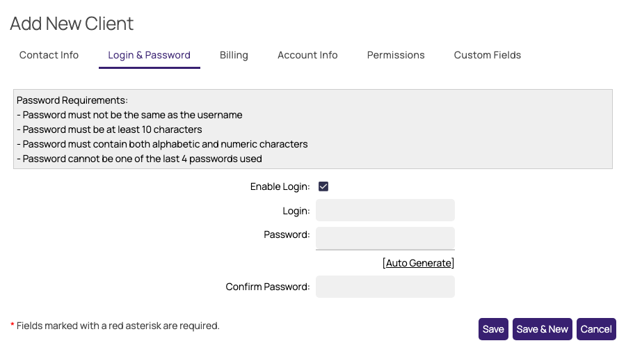The Login & Password tab of the Add New Client window