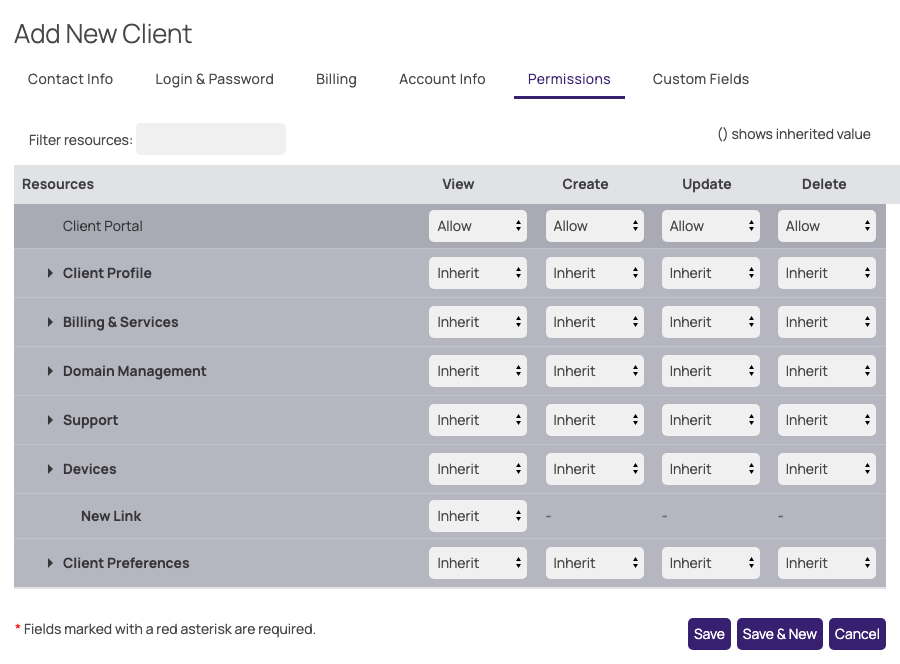 The Permissions tab of the Add New Client window