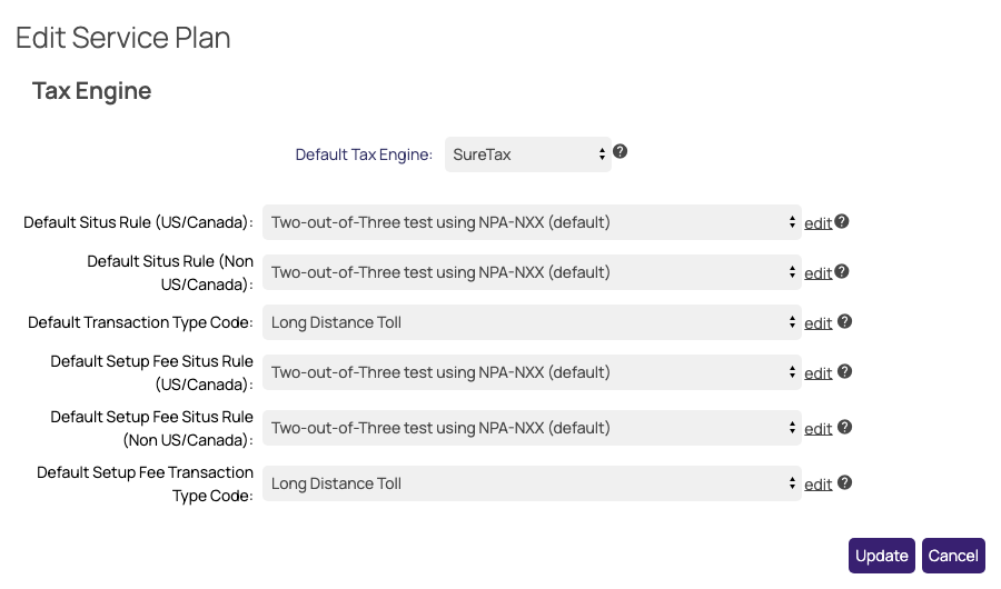 The Applicable Taxes window of a service plan with SureTax selected