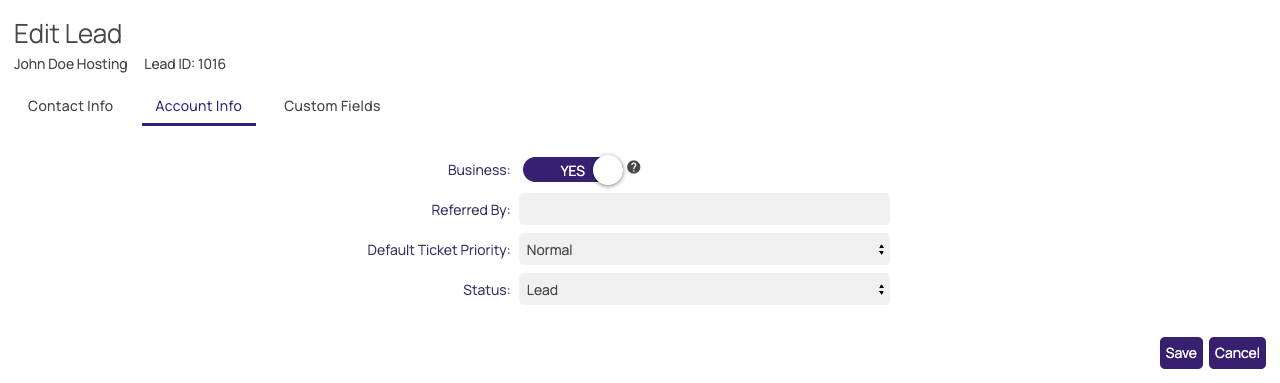 Account Info tab with the Status field set to Lead