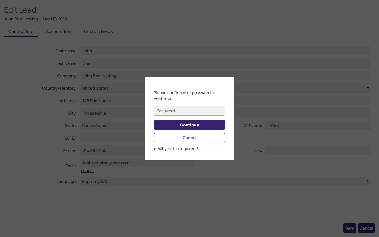 Password confirmation prompt shown when saving a changed email address