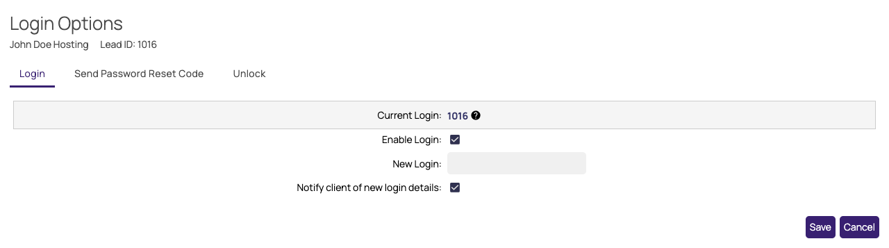 Login Options popup, Login tab