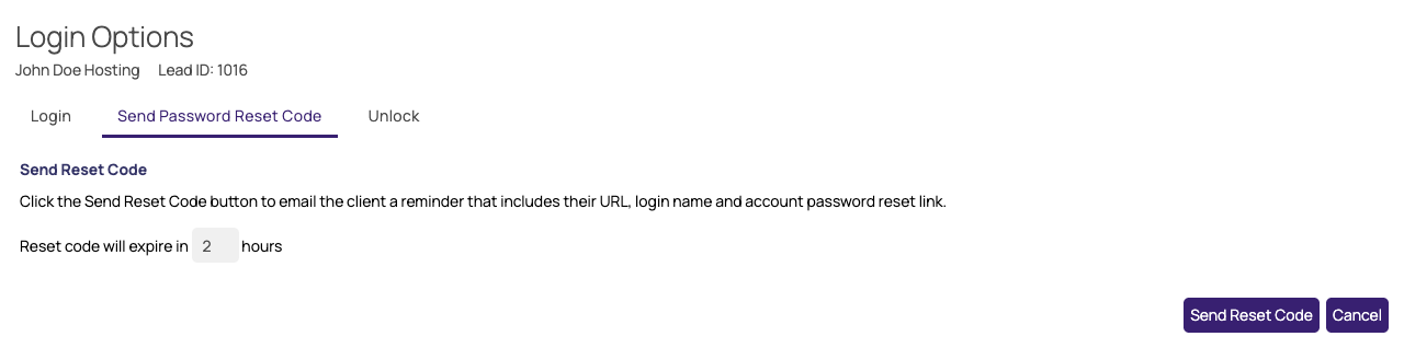 Login Options popup, Send Password Reset Code tab