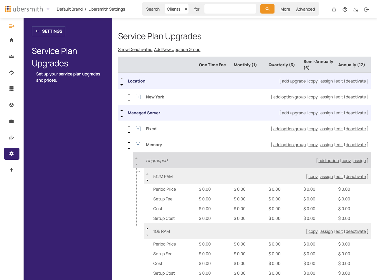 The Service Plan Upgrades page with an upgrade expanded
