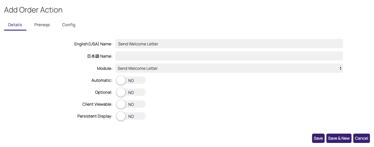 Add Order Action popup showing the Send Welcome Letter module and its Automatic toggle