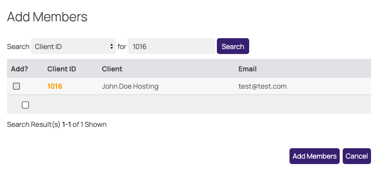 Add Members popup showing a search result for Client ID 1016