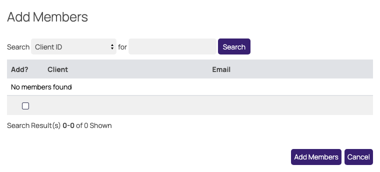 Add Members popup before a search