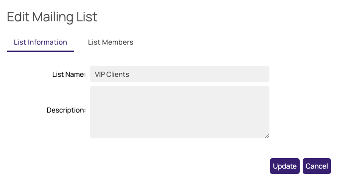 Edit Mailing List popup, List Information tab