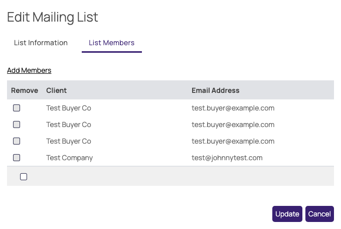 Edit Mailing List popup, List Members tab