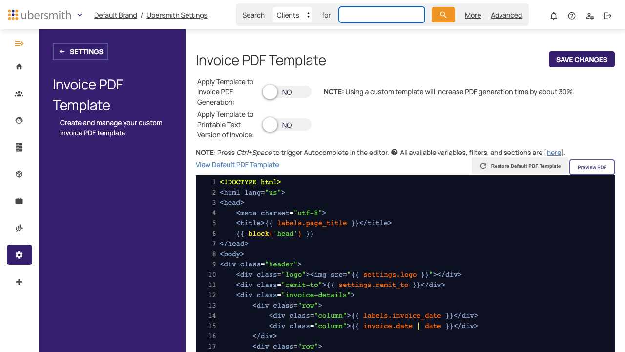 The Invoice PDF Template page