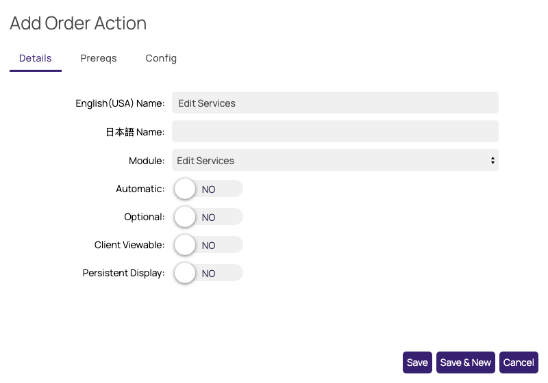The Details tab of an Add Order Action window with Edit Services selected