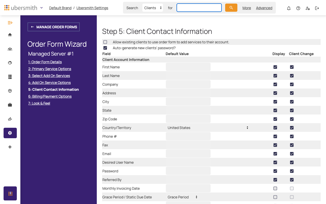 Order Form Wizard Step 5: Client Contact Information configuration screen