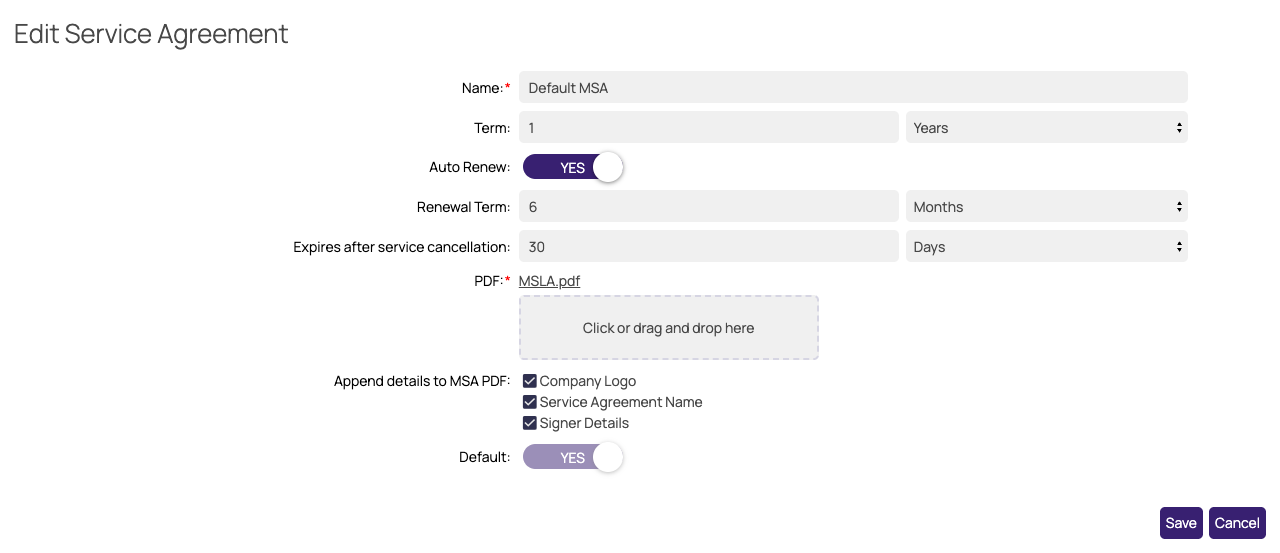 Edit Service Agreement form
