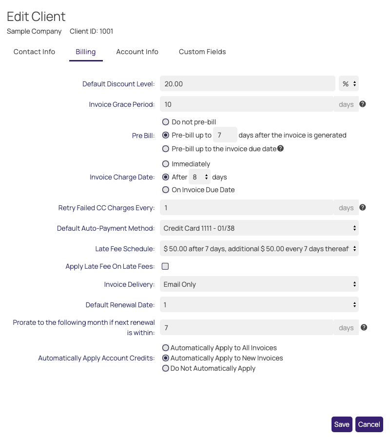 The Billing tab of the Edit Client window