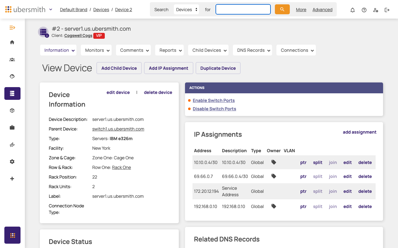 View Device page showing Device Information, Actions, and IP Assignments