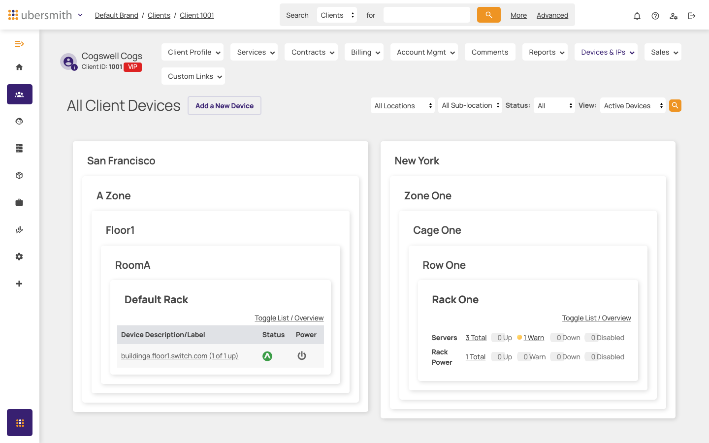 One rack expanded to its device table using Toggle List / Overview, alongside another rack still showing its status summary
