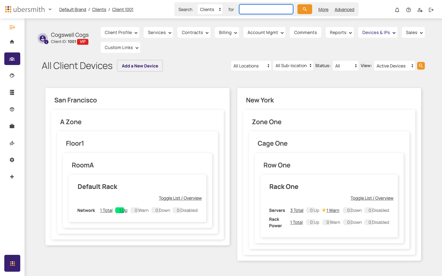 Datacenter view showing devices grouped by facility, zone, cage, row, and rack, with per-rack status summaries
