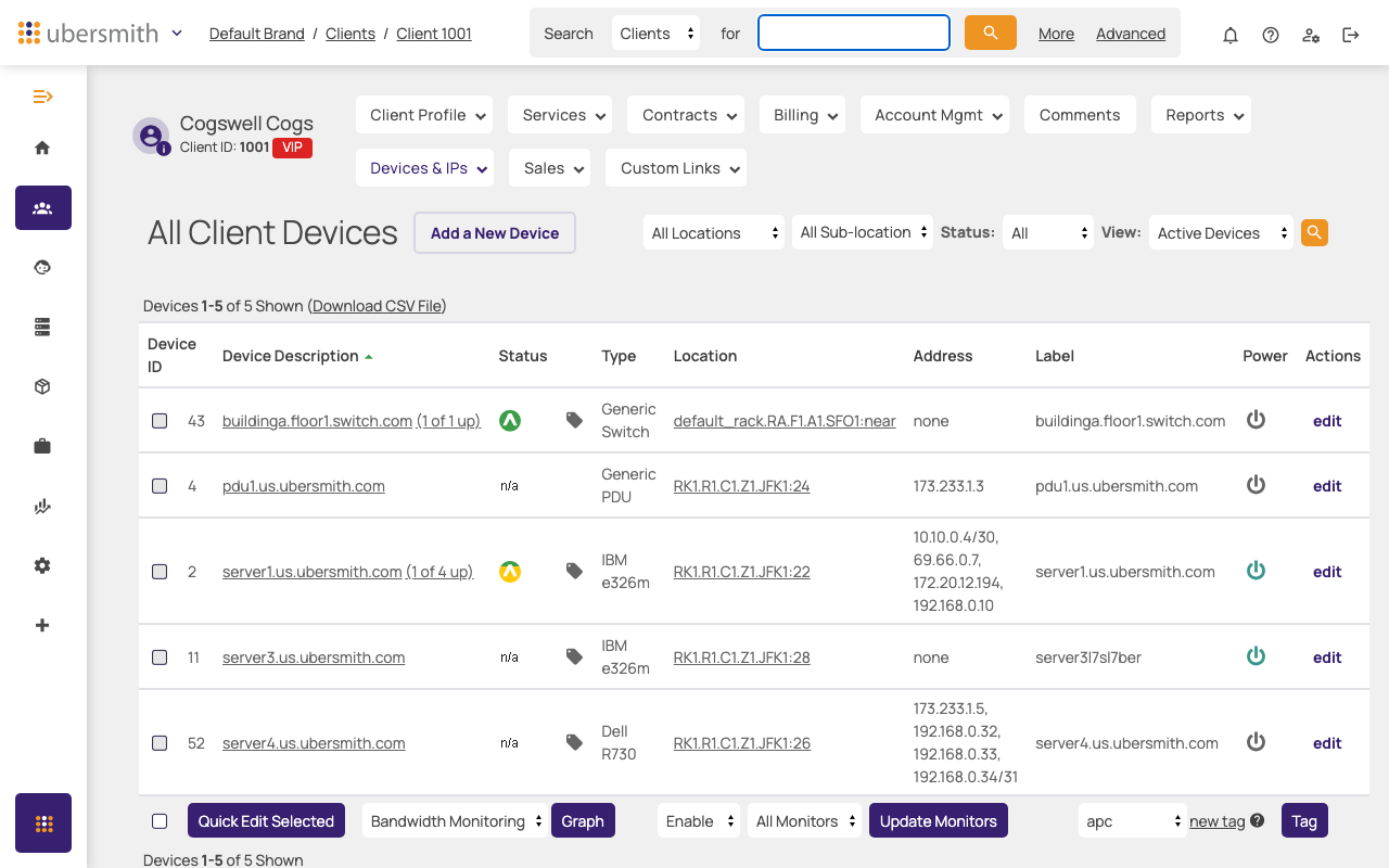 All Client Devices list showing device rows with status icons, type, location, and address