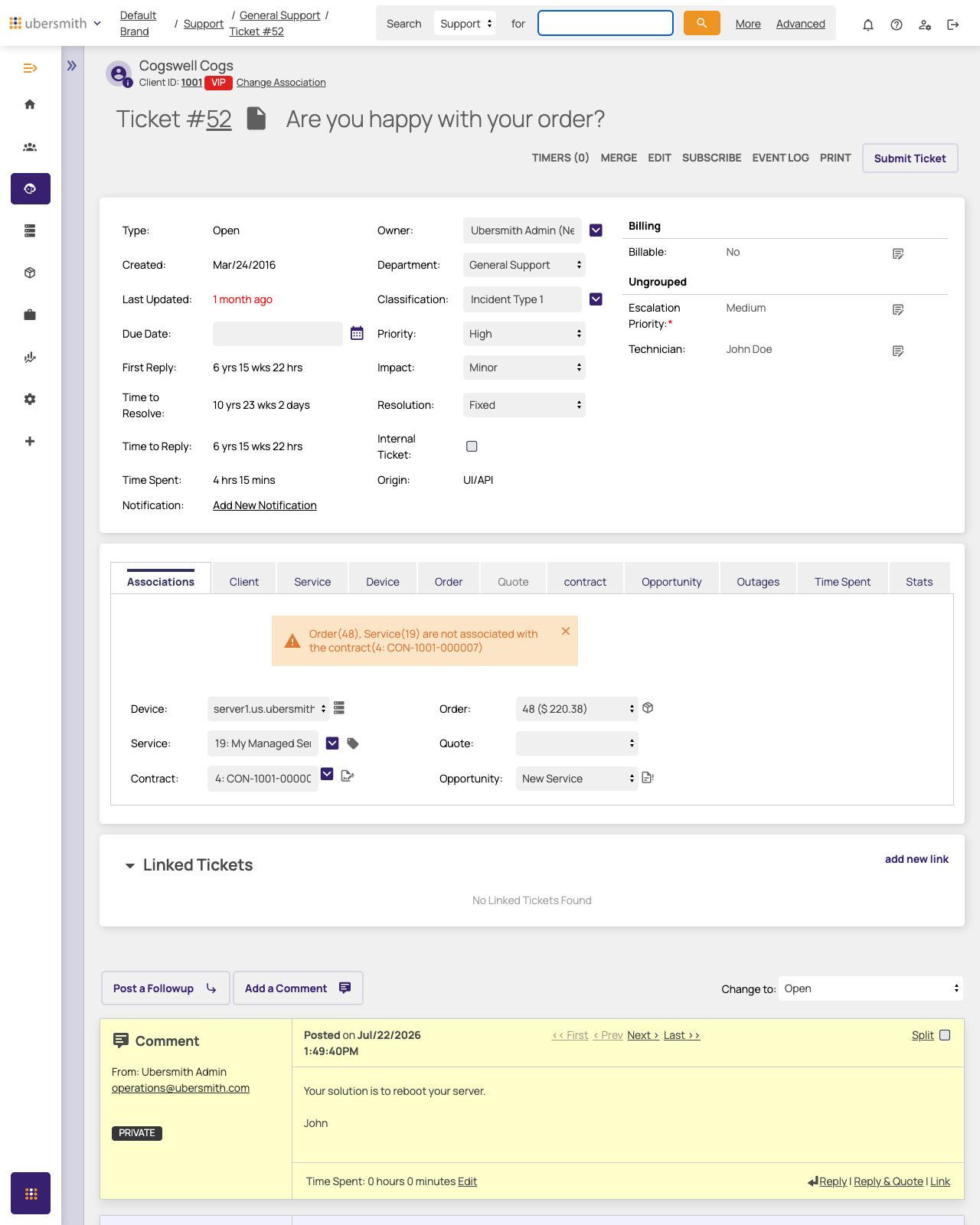 Support ticket with the Associations tab open, showing Device, Order, Service, Contract, Quote, and Opportunity fields